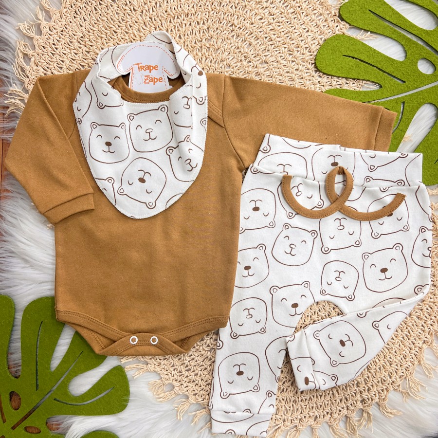   Conj. Body Manga Longa, Babador Bandana e Calça Ursinhos - Caramelo